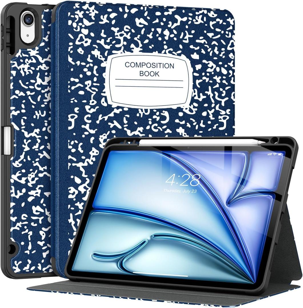 Supveco Case for iPad Air 11 Inch (M3 2025/M2 2024),iPad Air 5th/4th Generation 10.9 Inch 2022/2020 with Pencil Holder-[Auto Wake/Sleep],Premium Folio Stand Soft TPU Back Cover-Book Navy