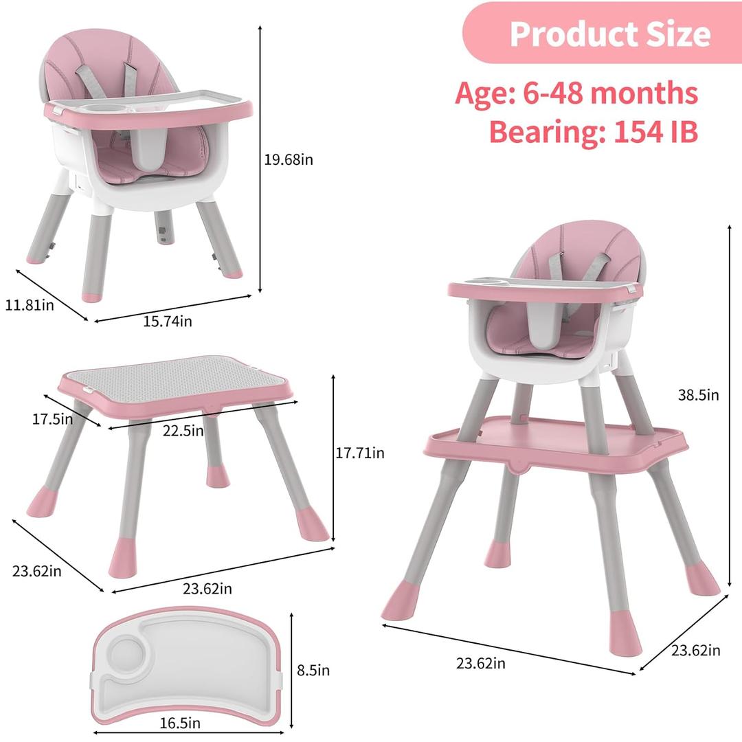 Gofirst 6 in 1 Baby High Chair,Convertible High Chairs for Babies and Toddlers/Booster Seat/Table and Chair Set,Baby Feeding Chair/5-Point Harness,4-Position Removable Tray&PU Cushion Baby Highchair (Pink)