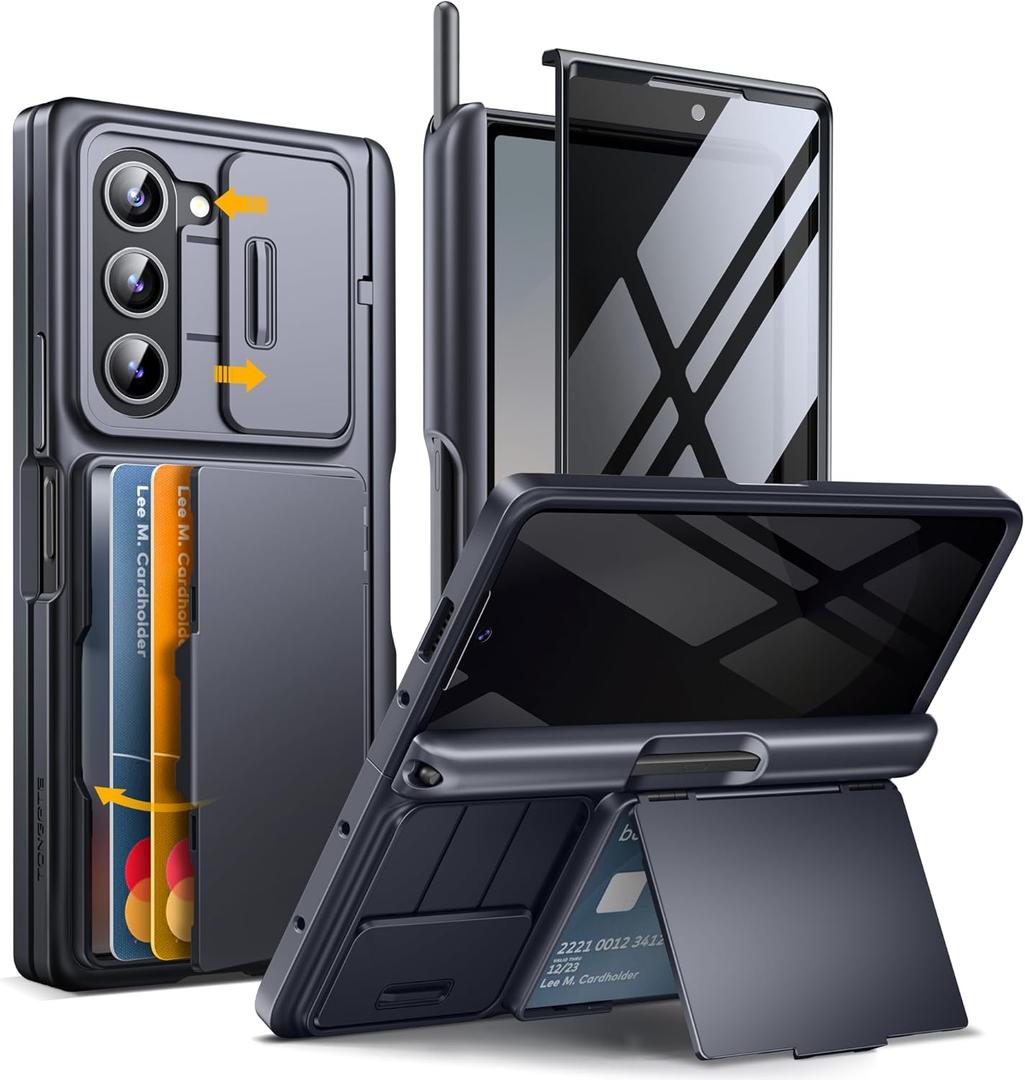 TONGATE for Z Fold 6 Case, [Anti Spy Privacy Screen Protector & Slide Camera Cover] [Card Holder & S Pen Holder] Rugged Hinge Protection Wallet Kickstand Phone Case for Samsung Galaxy Z Fold 6, Black