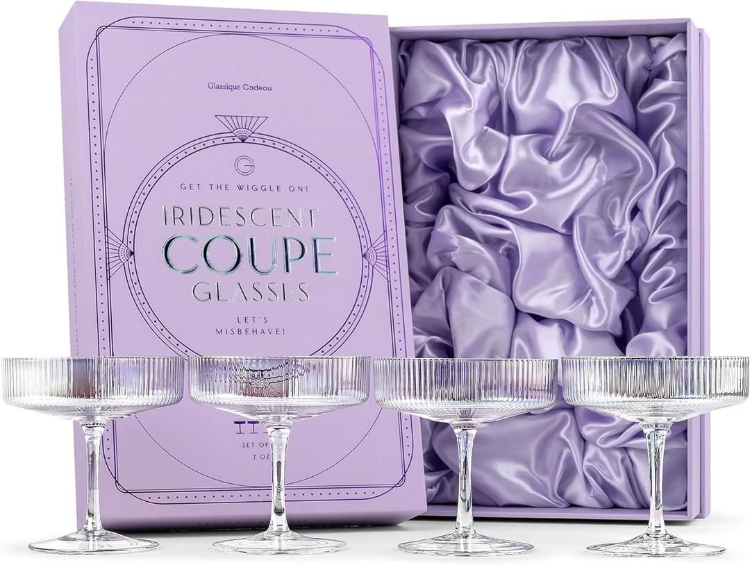 Vintage Art Deco Iridescent Coupe Glasses | Set of 4 | 7 oz Rainbow Colored Cocktail Glassware for Drinking Champagne, Martini, Cosmopolitan | Crystal Speakeasy Style Saucers