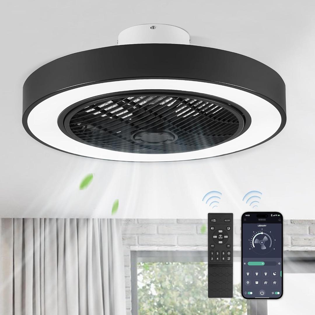 LEDIARY 22in Modern Bladeless Ceiling Fan with Bright LED Light and Remote, Black - 6 Speeds, 3000-6000K for Bedroom, Living Room, Kid Room (22 Inch)