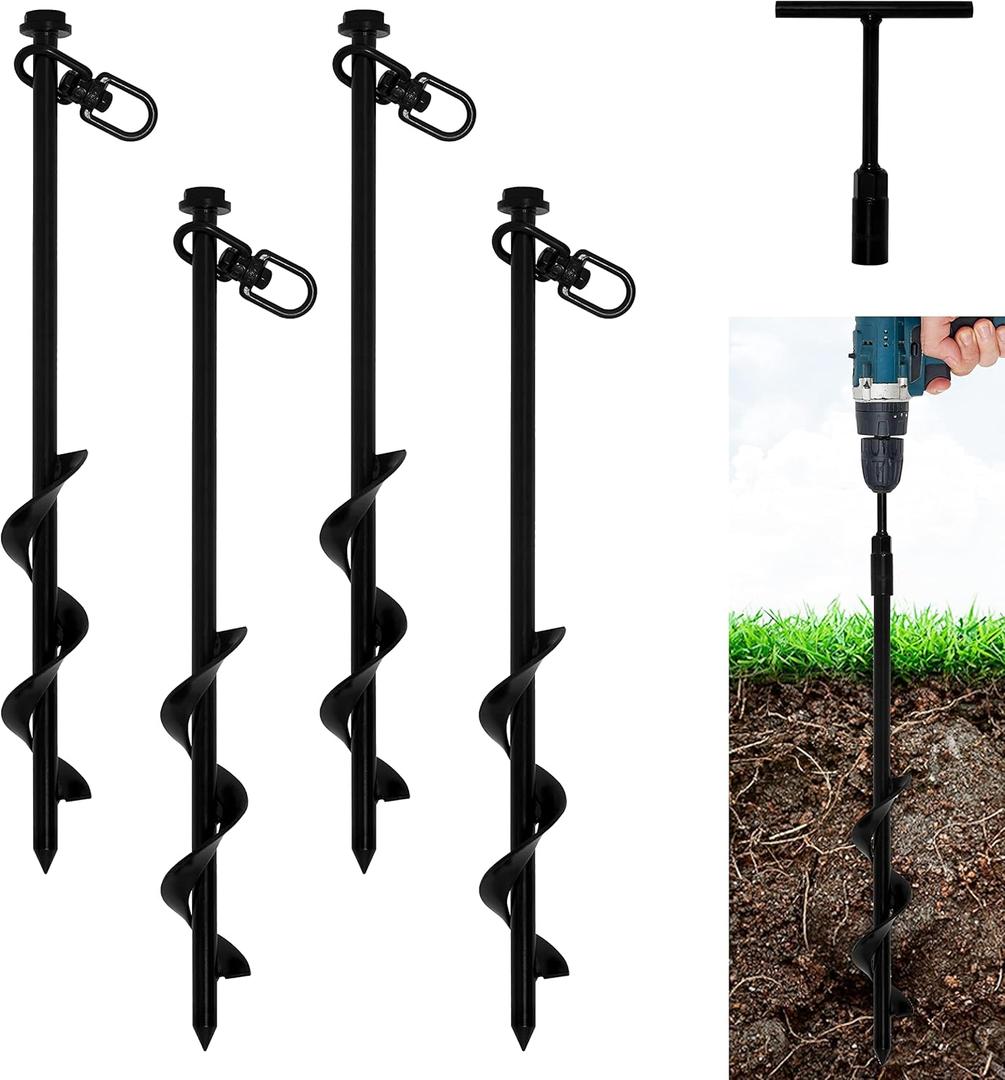 VASGOR 16 Ground Anchors (4pcs) Easy to Use with Drill, Heavy Duty Anchor Hook for Camping Tent, Canopies, Car Ports, Sheds, Swing Sets, Securing Animals  Black Powder Coated