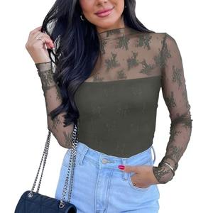 PINKMSTYLE Women's Lace Bodysuit Long Sleeve High Neck, Sexy Tops for Going Out, Date Night, Concert Outfits, Size S