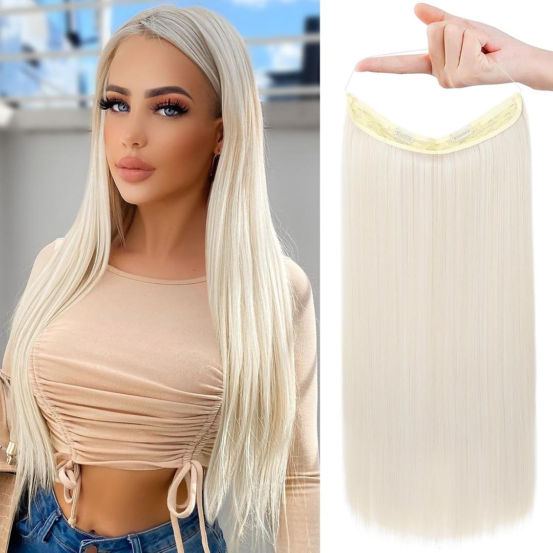 REECHO Invisible Wire Hair Extensions with Transparent Headband Adjustable Size Removable Secure Clips in Straight Secret Hairpiece for Women (24 Inch (Pack of 1), Platinum Blonde)
