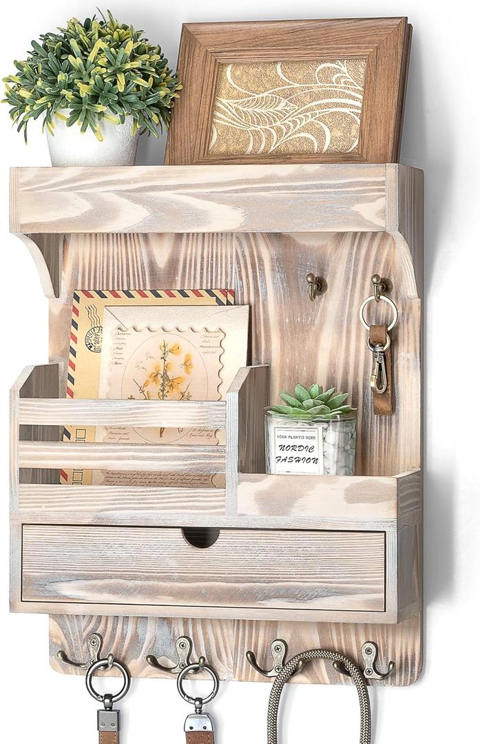 Rebee Vision Farmhouse Key Holder Wall Mount with Drawer Organizer  Wooden Mail & Key Organizer with 6 Strong Hooks & Wall Shelf  A Perfect Addition to Your Farmhouse Home Decor (Natural Wood)
