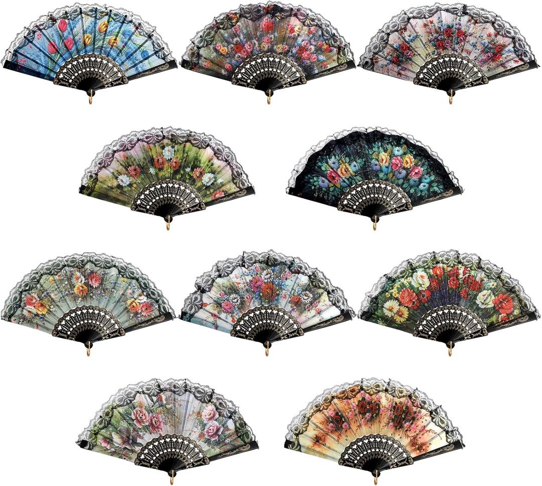 Coloch 10 Pack Spanish Floral Folding Hand Fan with Plastic Side, Vintage Handheld Folding Fan with Retro Patterns for Wedding, Dancing Party, Cosplay, Fancy Gift, Wall Decoration, Random Pattern