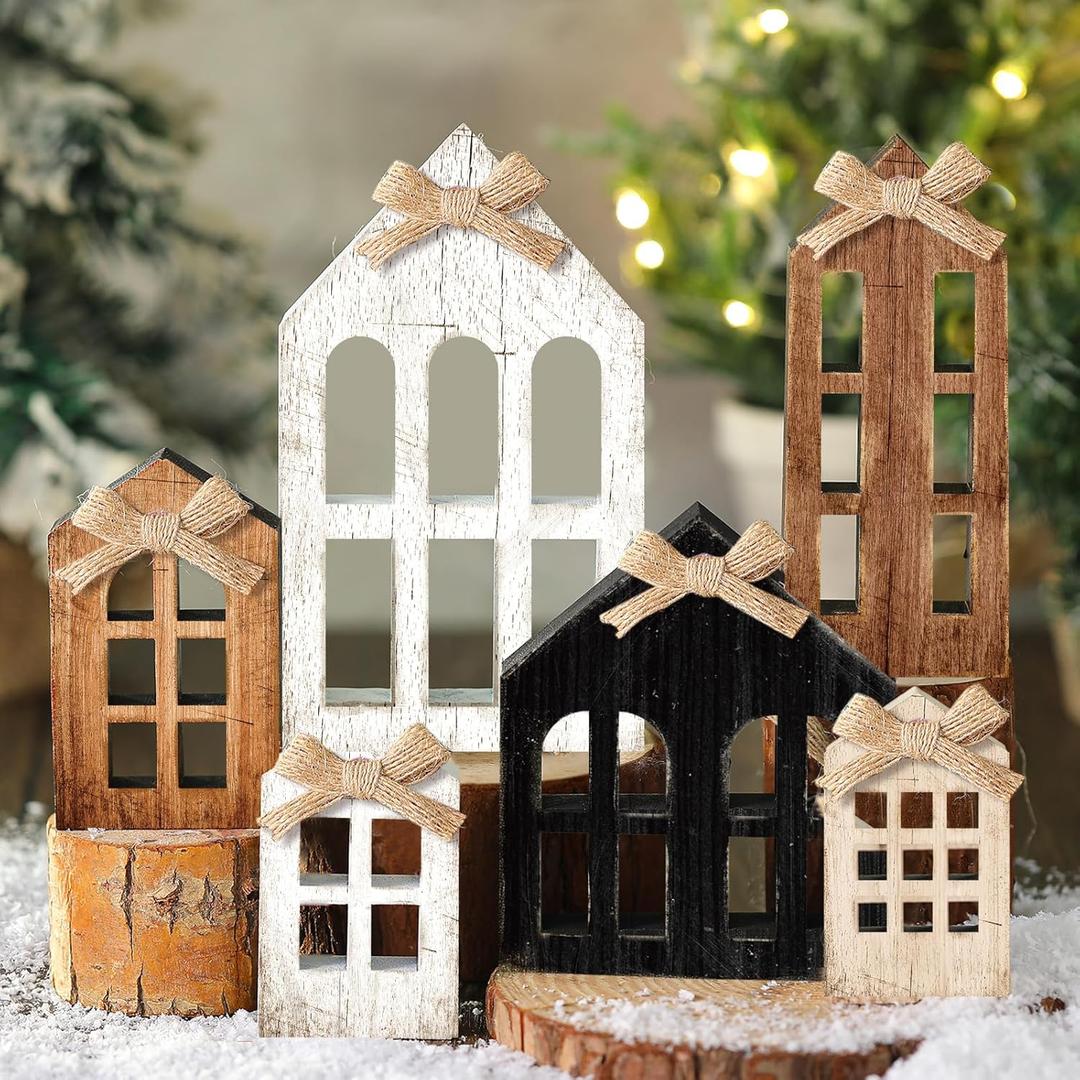 Yuntau 6 Pcs Christmas Table Decoration Wooden Farmhouse Table Centerpieces Rustic Christmas Tree House Reindeer Elk Angel Snowflake Wooden Sign Block Tiered Tray Decor for Xmas Gifts(Window Pane)