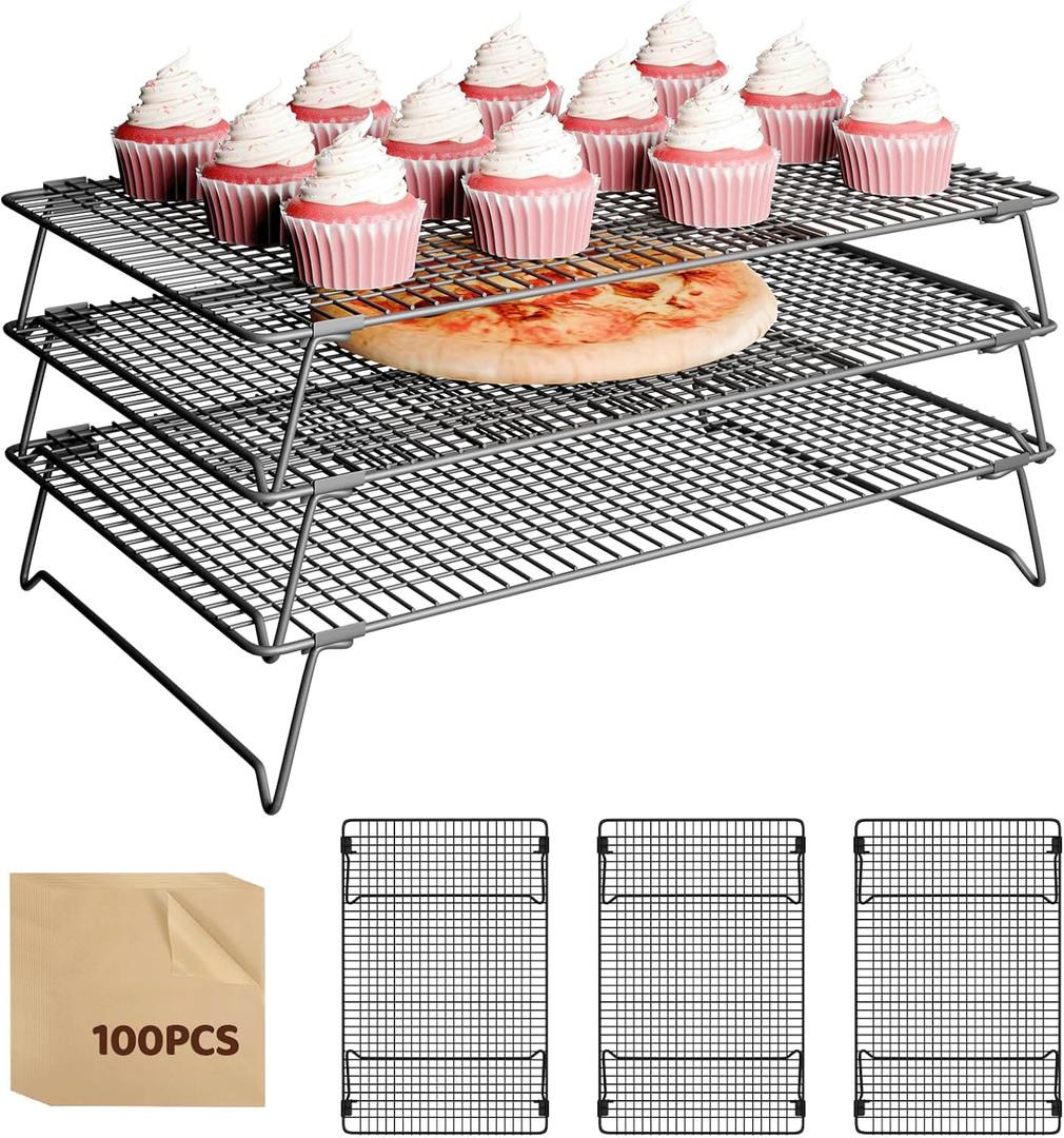 3 Layer Detachable Collapsible Cooling Racks, 17 * 11 Inch Cooling Wire Rack Stackable Drying Rack Cookie Rack Bread Cooling Rack (Large)