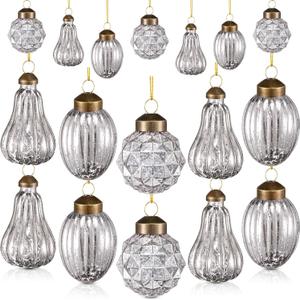 Deekin 24 Pcs Christmas Tree Glass Ornaments Set Mini Vintage Christmas Tree Decoration Xmas Rustic Hanging Glass Ornaments with Loop for Holiday Party Decor, 3 Styles(Silver)