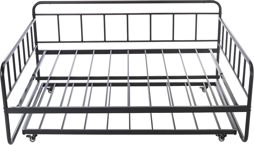 Amazon Basics Full Daybed and Twin Size Trundle Bed Frame Set, Space Saving Steel Slat Support, Black