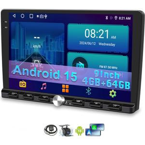 [4+64GB] 9 Double Din Car Stereo Android 15 Apple CarPlay Android Auto Radio, 9 Inch IPS 1280 * 720 Touchscreen with GPS, Bluetooth 5.2 FM Radio DSP Audio 1080P Backup Camera, WiFi Google Play