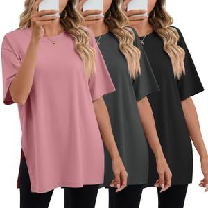 Huukeay 3 Pack Women's Oversized Gym T Shirts Short Sleeve Side Split Crewneck Tops Casual Workout Baggy Basic Tee (Large, Black, Dark Gray, Rose Pink)