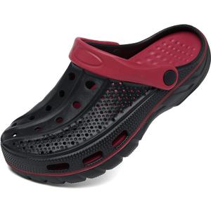 ChayChax Men's and Women's Arch Support Clogs Garden Shoes Slip-on Outdoor Beach Slippers with Removable Cushion Footbed (14-15 Women/12-13 Men, Black/Red)