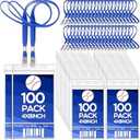 Patelai 100 Pcs Extra Large 4 x 8 Inch Badge Holders with Lanyard Bulk PVC Waterproof Card Holder Credential ID Protector Sleeves 3 Lanyard Slots at Top for Office Sporting Events Concert (Blue)