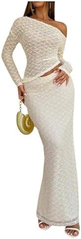 MakeMeChic Women's 2 Piece Fall Outfits Long Sleeve Asymmetrical Tops and Bodycon Maxi Skirt Matching Sets,  Size S