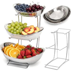 Goaste 3 Tier Ceramic Fruit Bowl, Oval Tiered Serving Bowl Set, Porcelain Fruit Basket with Metal Stand, Large Detachable Fruit Storage Holder Rack for Kitchen Counter, Vegetable, Cake, Dessert, Salad