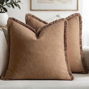 MIULEE Decorative Throw Pillow Covers Neutral Linen Fringe Throw Pillows Set of 2 Brown Boho Farmhouse Cushion Covers with Tassels for Couch Sofa Bed Living Room Spring Home Decor 20x20 Inch
