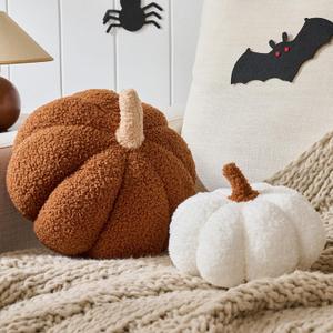 2 PCS Fall Pumpkin Pillows Brown White Simulated Pumpkin Shaped Pillow Halloween Decoration Throw Pillows Fluffy Pumpkin Pillows Cushion Decor for Fall Thanksgiving Halloween Bedroom Sofa Couch