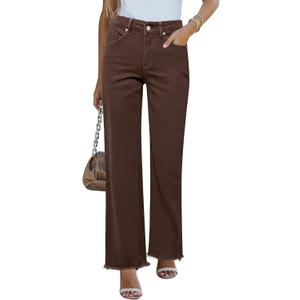 GRAPENT Straight Leg Jeans for Women High Waisted Stretchy Frayed Raw Hem Loose Denim Pants Casual Baggy Jean Trousers (Large, Pecan Brown)
