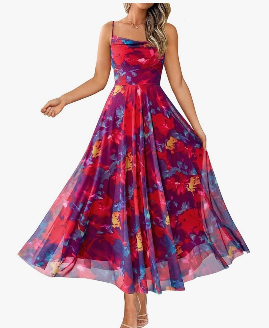 BTFBM Women Summer Floral Maxi Dresses Elegant Spaghetti Strap Dress Printed Party Dress Beach Long Dresses, Extra Large , Floral Navy Red Flower 