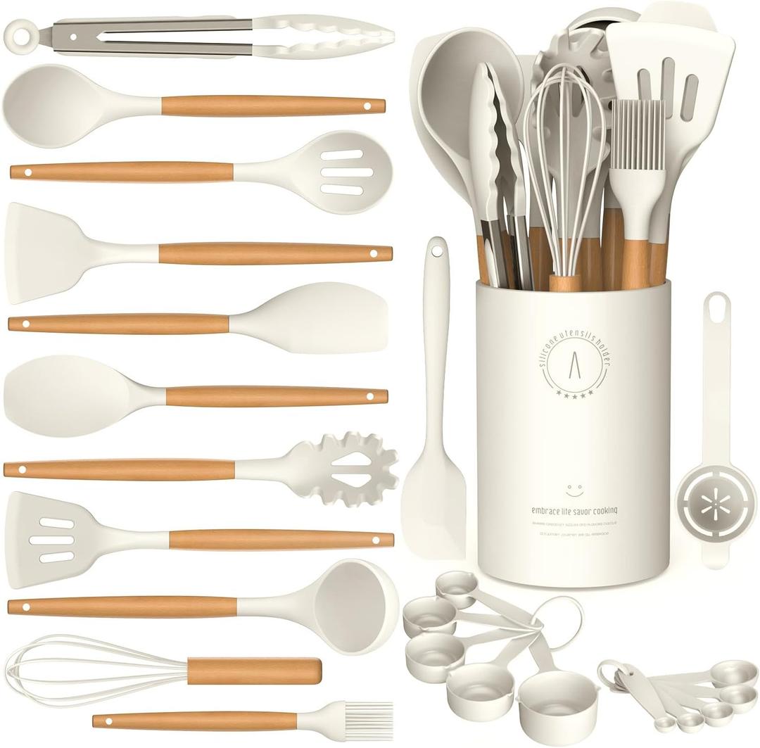 Silicone Cooking Utensils Set - Silicone Kitchen Utensils for Cooking Wooden Handles, 446F Heat Resistant Kitchen Utensil Spatula Sets w Holder, Gadgets for Non-Stick Cookware BPA FREE (Cream White)