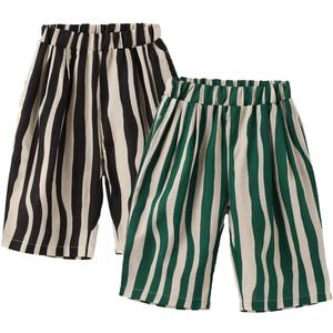 Ashmyova Boy's Cotton Stripe Shorts Summer Elastic Waist Casual Capri Pants for Boys with Pockets 2Pcs (18-24 Months, Black/Green)