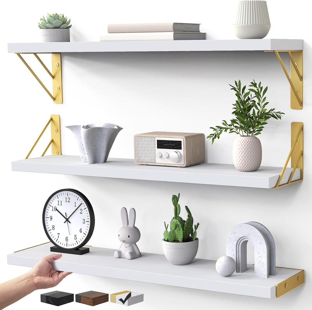 BAYKA Wall Shelves for Bedroom Decor, Floating Shelves for Living Room Kitchen Storage, Wall Mounted Rustic Wood Shelves for Kids Books,Corner Shelves for Bathroom(White and Gold23inSet of 3), 23-inch Standard