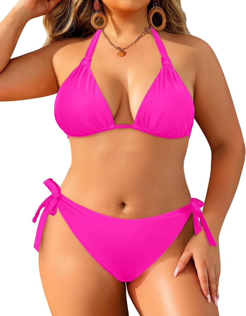 Women Plus Size Bikini Set - Two Piece Triangle Swimsuits Halter String Bathing Suit 2025 Tie Swimwear (Hot Pink), Size: 12 Plus