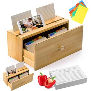 Recipe Box with 100 Cards 4 x 6 and 10 Dividers, Bamboo Organizer 2 Compartment Card &phone Holder to Write in Your Own Recipes, Kitchen Counter Decorative Gift for Housewarming Bridal Shower