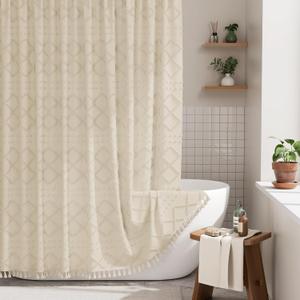 AmazerBath Boho Farmhouse Shower Curtain with Tassels, Soft Cloth Chevron Beige Shower Curtain Set, Fabric Diamond Stripes Rustic Shower Curtain with Hooks, Hotel Quality, 72x72 Inches