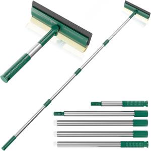 Squeegee for Window Cleaning, Window Squeegee for Home with 60" Long Handle, 2 in 1 Window Cleaner Sponge and Dual Side Blade Rubber, Window Cleaner Tool with Long Handle for Glass, Shower, Windshield (11"-32"-60", Green)