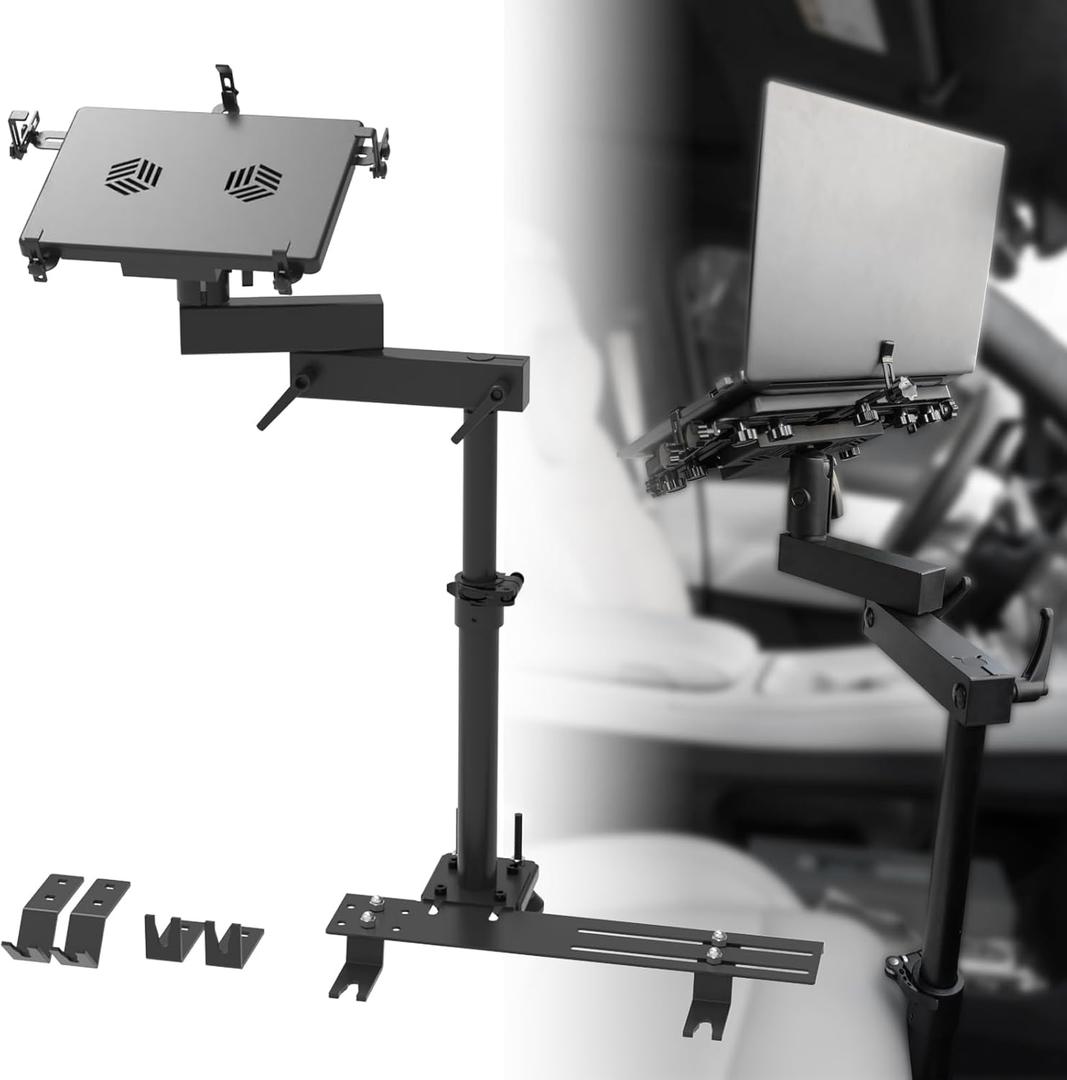 MELIPRON Vehicle Laptop Mount, HeavyDuty Aluminum & Steel Car Laptop Stand for Trucks Vans, Computer Holder with 2 Cooling Fans, Adjustable Height Tilt & 360 Swivel
