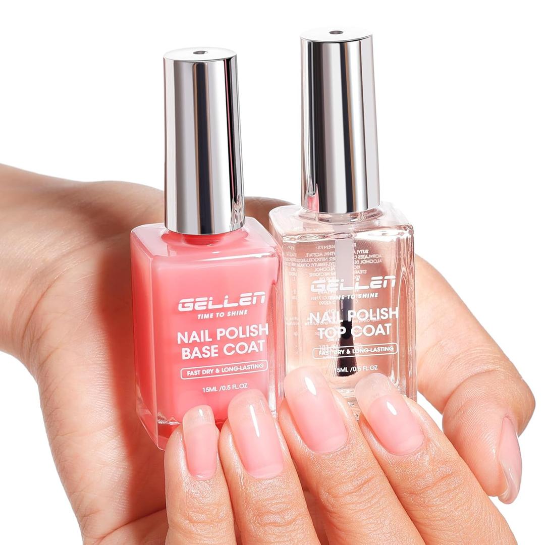 GELLEN Clear Nail Polish Base Top Coat, Sheer Pink Tinted Base Coat & Shine No Wipe Top Coat Strengthen Thin Damaged Natural Nails, Quick Dry Regular Nail Polish Non UV Gel, TPO & Hema Free, Non-toxic