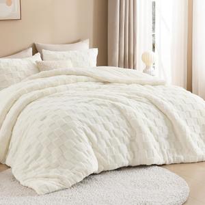 Litanika King Size Fluffy Comforter Set Cream, White 3 Pieces Warm Sherpa Fleece Winter Bedding Set, Ivory Jacquard Checkered Plush Fuzzy Bed Set(1 Comforter, 2 Pillowcases)