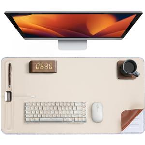 Desk Mat  Double-Sided Vegan Leather & Felt | Built-In Magnetic Cable Organizer & File Storage | Premium Workspace Pad for Office, Gaming & Creative Professionals-Beige