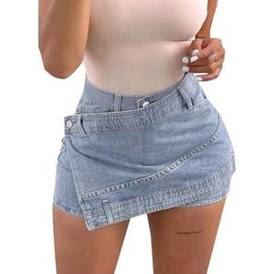 Avanova Women Denim Mini Skirt Jean Skort Sexy High Waisted Asymmetrical Stretch Short Skirts, Medium