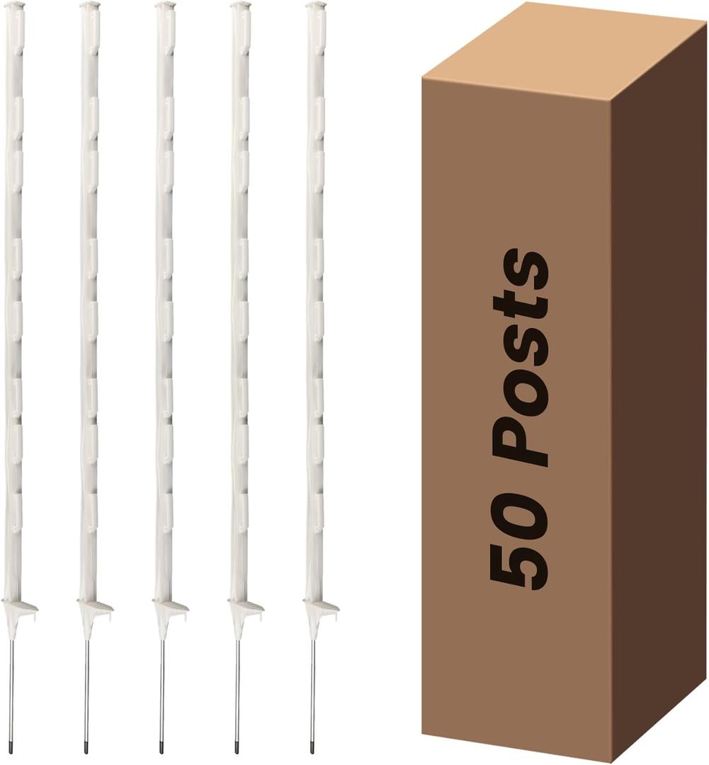 50 Pack Electric Fence Posts, 48 Inch Step in Fence Post, White Temporary Plastic Fence Post for Patio, Garden, Orchard, Farm Protection