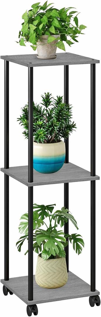 HAYOFAMY 3 Tier Tall Plant Stand Indoor with Wheels, Movable Plant Shelf Metal Wood Multiple, Flower Pot Holder for Living Room Office Balcony Patio, Oak Grey