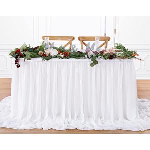 White Table Skirt for Rectangle Tables 14FT Chiffon Sheer Tablecloth for Birthday Party Sweetheart Cake Table Decoration