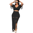 Ladies Casual Sexy Hollow Out Knit 2 Piece Tassel Crop Top and High Split Skirt Set, (Size S)