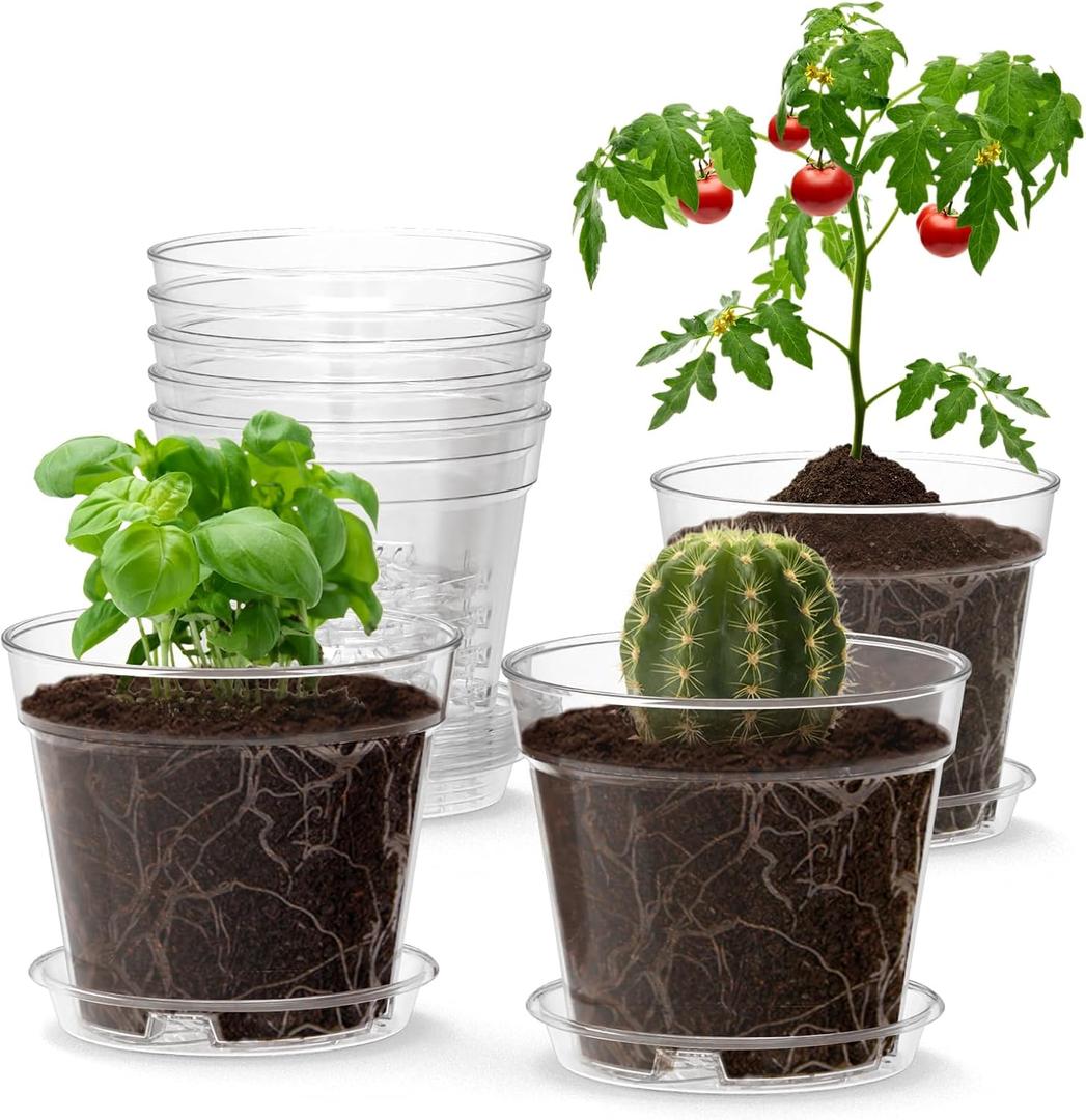 WSMKSZ 4 Inch Clear Nursery Pots, 8 Pack Highly Transparent Plant Pots for Small Indoor Plants with Drainage Holes and Trays, Plastic Seedling Starter Planters for Flowers