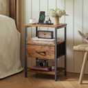 SUPERJARE Nightstand with Charging Station, Bed Side Table with Adjustable Fabric Drawer, Night Stand for Bedroom, 3-Tier Storage End Table, for Living Room, Rustic Brown