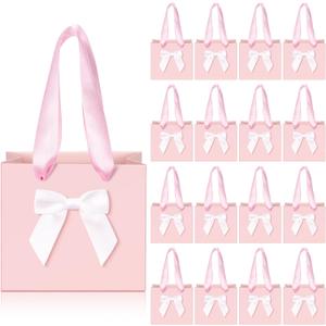 Kolldenn 50 Pcs Mini Gift Bags with Bow Ribbon 4''x2.7''x4.5'' Small Pink Paper Thank You Goodie Gift Bags Bulk with Handle for Baby Shower Wedding Party Favor Birthday Return Guests