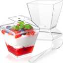 Soelomu 50 Pack 3.5 oz Mini Dessert Cups with Lids and Spoons, Square Appetizer Cup Clear Plastic Shooter Cups for Serving Parfait, Pudding, Fruit, Jello