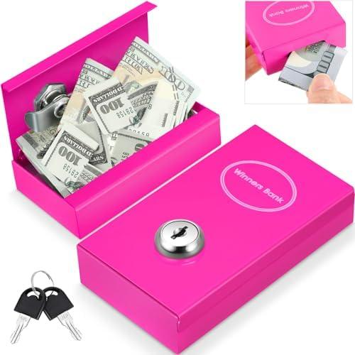 Reallnaive 1 Pack Metal Box for Gamblers Pocket Sized Winner Bank Casino Cash Box with 2 Keys Portable Casino Money Safe strongbox for Cash Saving Go Home Money Gifts(Rose Red,Classic)