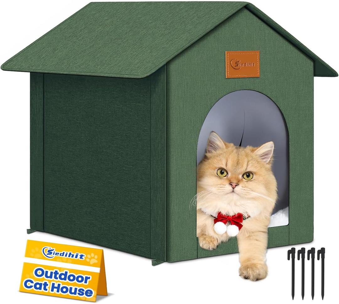 Siedihit Outdoor Cat House Feral Cat Shelter,Outside Waterproof Cat House for Outdoor/Indoor Cats, Insulated Cat Bed for All Seasons with Cozy Cushion Easy to Assemble (Olive Green, floor spike style)