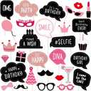 Birthday Photo Booth Props for Women or Girls,30pcs Rose Gold Glitter Funny Selfie Props for Bday Party Decoration Supplies