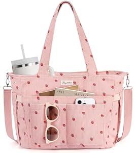 Corduroy Tote Bag for Women, 17 Pockets Laptop Work Tote Lightweight Teacher Nurse Bible Shoulder Bag for School Daily Travel