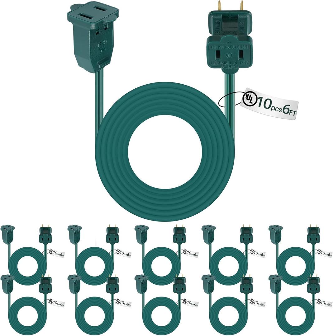 Kanayu 10 Pack 6 ft Green Ul Indoor Extension Cord 2 Prong Electric Cord Extender Wire Plug in and End Ac 120 Volts for Outdoor Christmas Connect or Extend String Lights