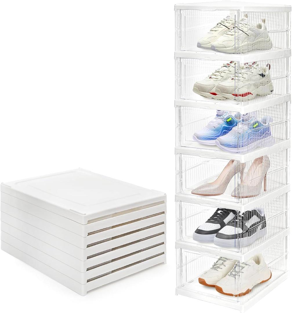 Hedume 6 Pack Clear Shoe Boxes Stackable, Drop Front Shoe Storage Box, No Assembly Plastic Shoe Organizer Storage Bin with Door, Free Standing Shoe Shelf Cabinet with Lid for Size 13, 13.6"x10"x7.9"